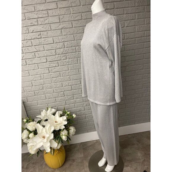 Lisa Originals Women Sliver Shimmering Long Sleeve Mock Neck Blouse & Pant 2 Pcs - Picture 2 of 8